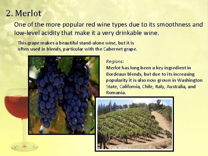 2. Merlot One of the more popular red wine types due to its smoothness