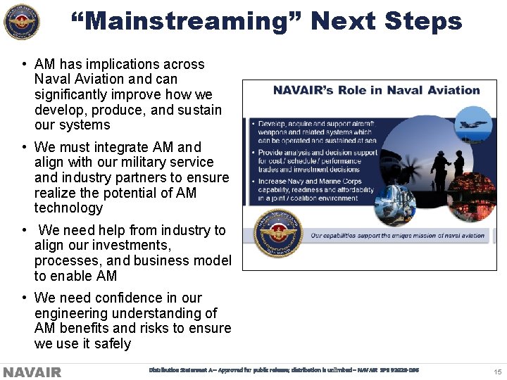“Mainstreaming” Next Steps • AM has implications across Naval Aviation and can significantly improve