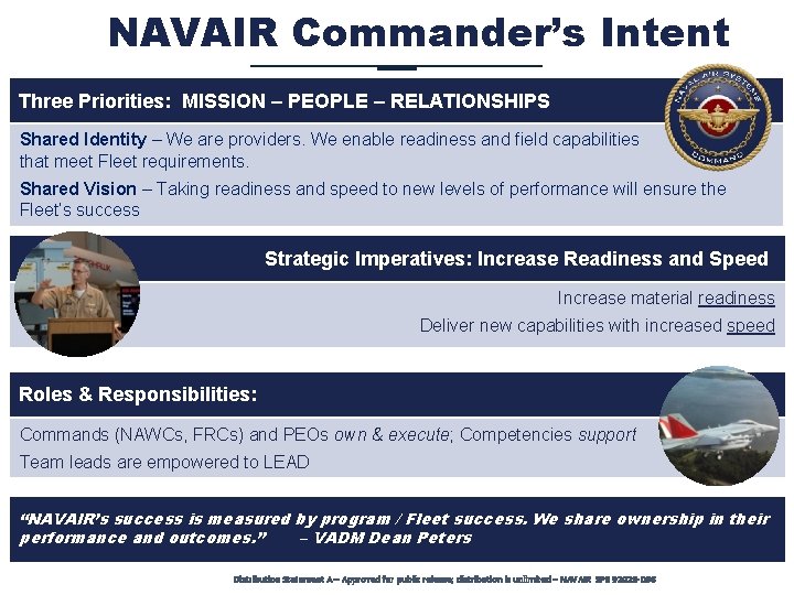 NAVAIR Commander’s Intent Three Priorities: MISSION – PEOPLE – RELATIONSHIPS Shared Identity – We