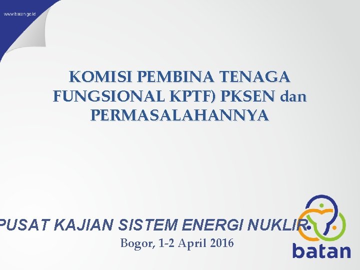 KOMISI PEMBINA TENAGA FUNGSIONAL KPTF) PKSEN dan PERMASALAHANNYA PUSAT KAJIAN SISTEM ENERGI NUKLIR Bogor,
