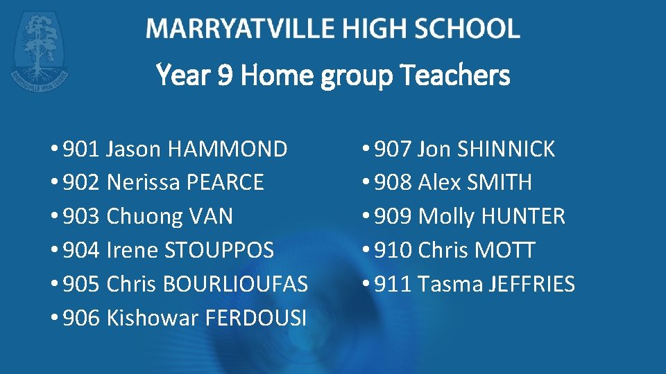 Year 9 Home group Teachers • 901 Jason HAMMOND • 902 Nerissa PEARCE •