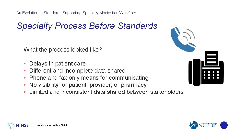 An Evolution in Standards Supporting Specialty Medication Workflow Specialty Process Before Standards What the