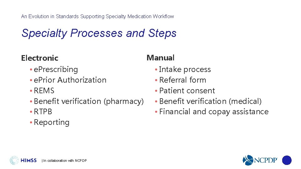 An Evolution in Standards Supporting Specialty Medication Workflow Specialty Processes and Steps Electronic •