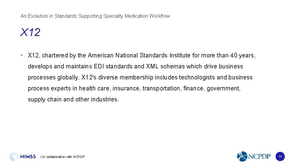 An Evolution in Standards Supporting Specialty Medication Workflow X 12 • X 12, chartered