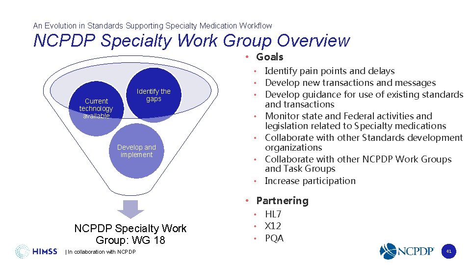 An Evolution in Standards Supporting Specialty Medication Workflow NCPDP Specialty Work Group Overview •