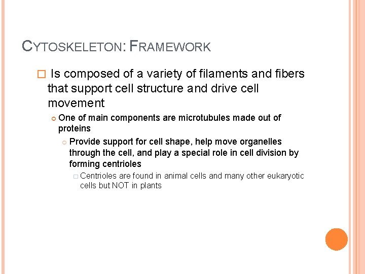 CYTOSKELETON: FRAMEWORK � Is composed of a variety of filaments and fibers that support