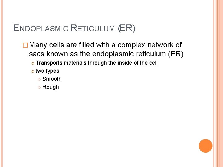 ENDOPLASMIC RETICULUM (ER) � Many cells are filled with a complex network of sacs