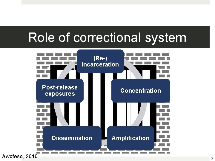Role of correctional system (Re-) incarceration Post-release exposures Dissemination Awofeso, 2010 Concentration Amplification 3