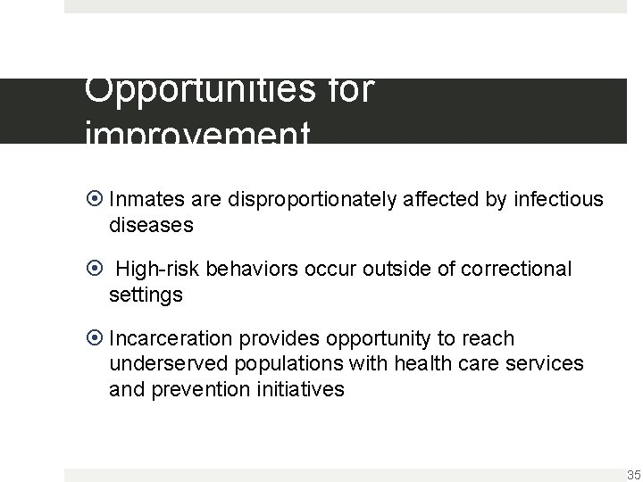 Opportunities for improvement Inmates are disproportionately affected by infectious diseases High-risk behaviors occur outside