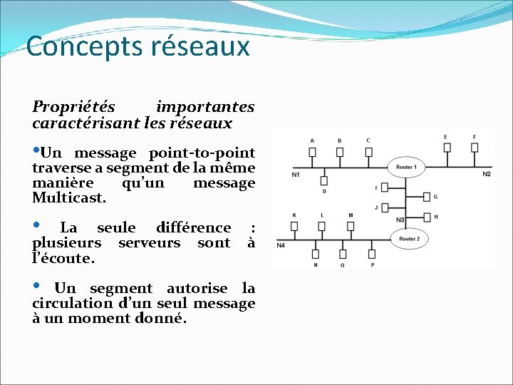 Concepts réseaux Propriétés importantes caractérisant les réseaux • Un message point-to-point traverse a segment