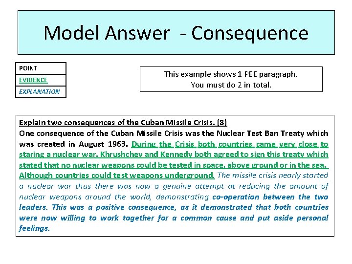 Model Answer - Consequence POINT EVIDENCE EXPLANATION This example shows 1 PEE paragraph. You