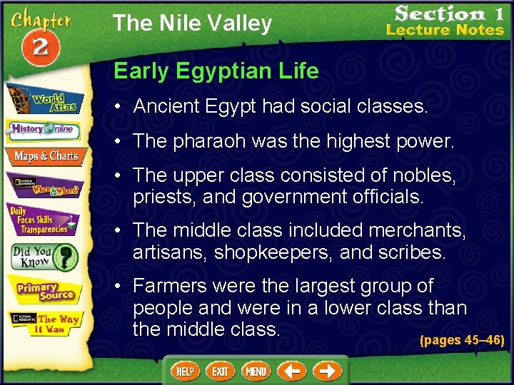 The Nile Valley Early Egyptian Life • Ancient Egypt had social classes. • The