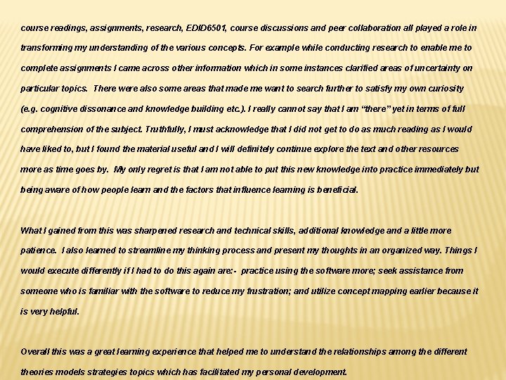 course readings, assignments, research, EDID 6501, course discussions and peer collaboration all played a