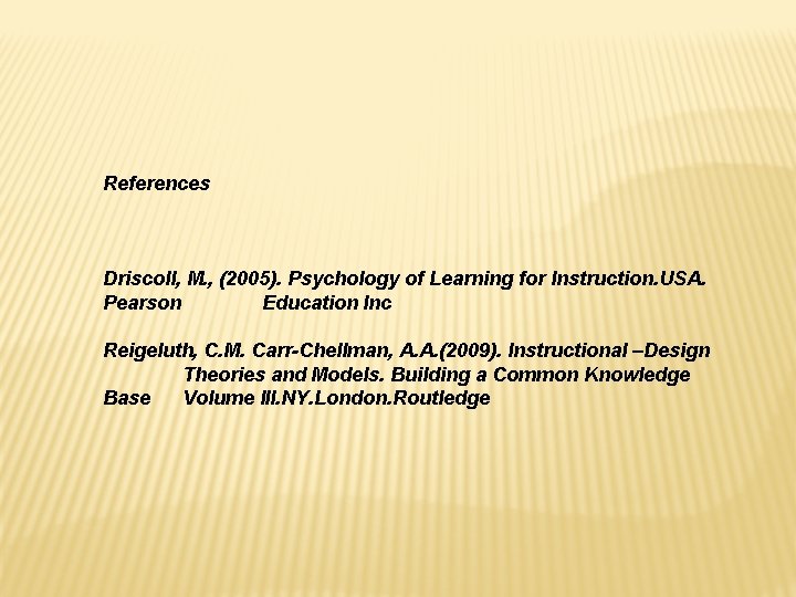 References Driscoll, M. , (2005). Psychology of Learning for Instruction. USA. Pearson Education Inc