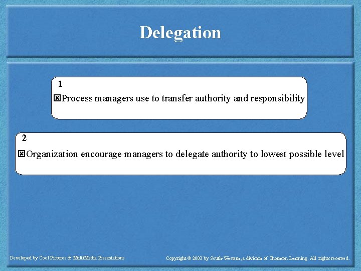 Delegation 1 ýProcess managers use to transfer authority and responsibility 2 ýOrganization encourage managers