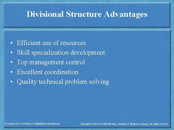 Divisional Structure Advantages • • • Efficient use of resources Skill specialization development Top