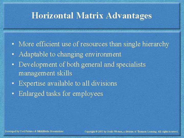 Horizontal Matrix Advantages • More efficient use of resources than single hierarchy • Adaptable