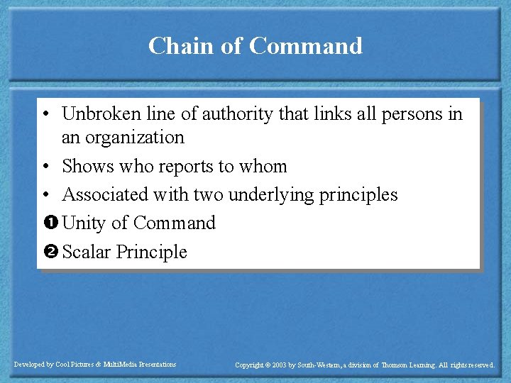 Chain of Command • Unbroken line of authority that links all persons in an