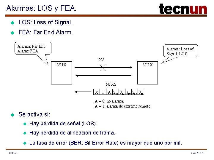 Alarmas: LOS y FEA. u LOS: Loss of Signal. u FEA: Far End Alarma: