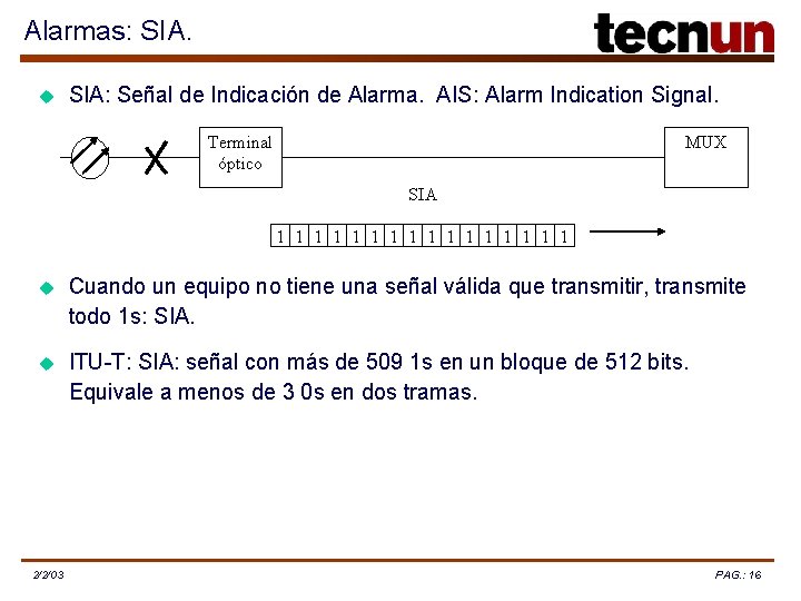 Alarmas: SIA. u SIA: Señal de Indicación de Alarma. AIS: Alarm Indication Signal. Terminal