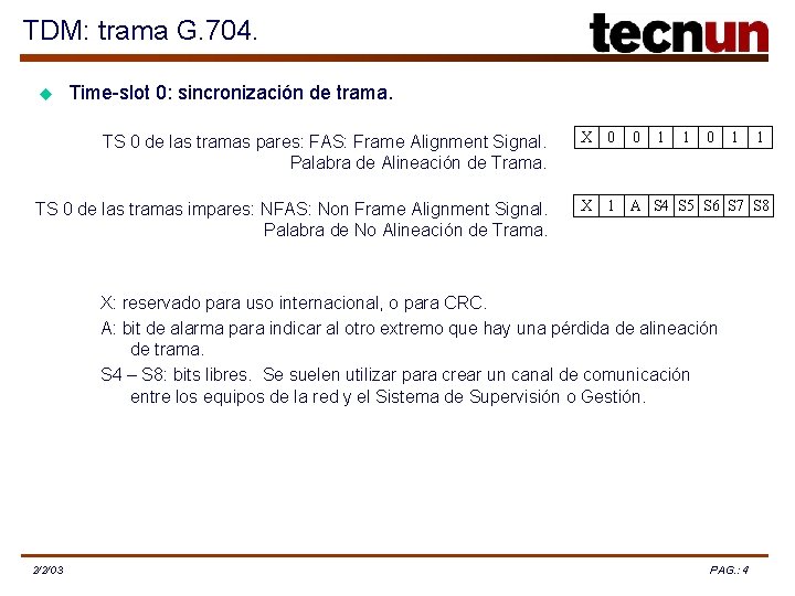 TDM: trama G. 704. u Time-slot 0: sincronización de trama. TS 0 de las