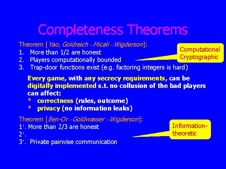 Completeness Theorem [Yao, Goldreich –Micali –Wigderson]: Computational 1. More than 1/2 are honest Cryptographic