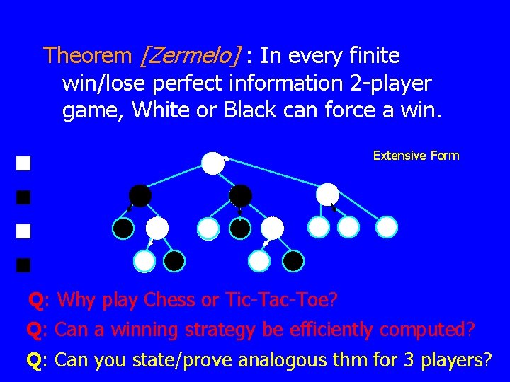 Theorem [Zermelo] : In every finite win/lose perfect information 2 -player game, White or