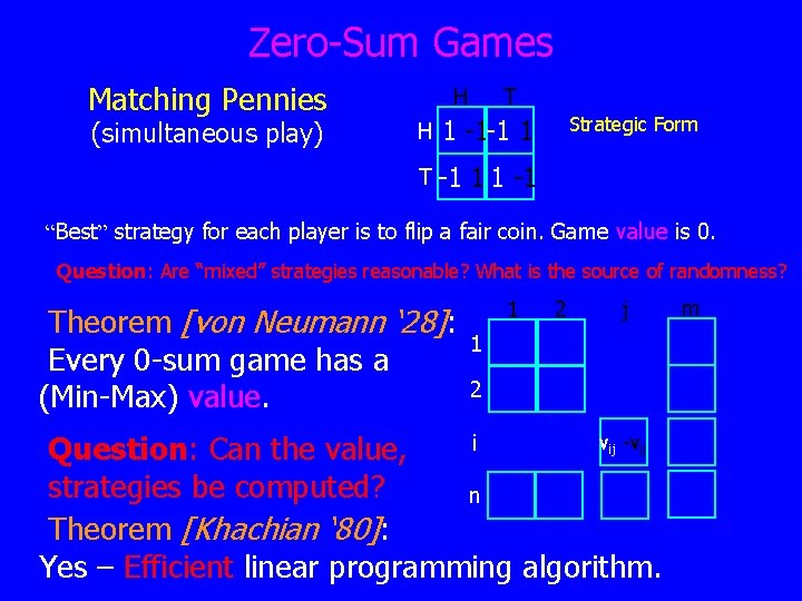 Zero-Sum Games Matching Pennies (simultaneous play) H H T Strategic Form 1 -1 -1