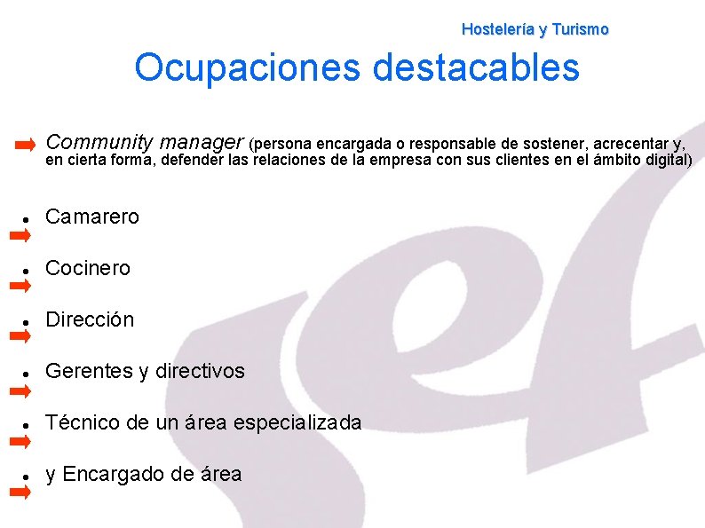 Hostelería y Turismo Ocupaciones destacables Community manager (persona encargada o responsable de sostener, acrecentar