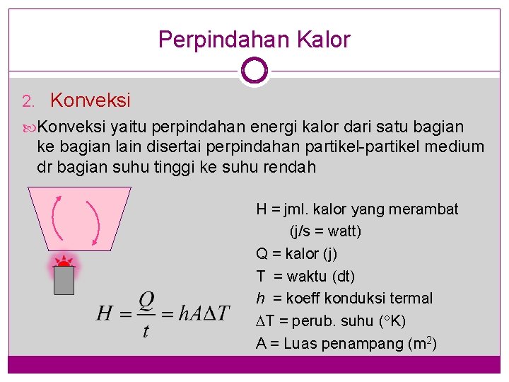 Perpindahan Kalor 2. Konveksi yaitu perpindahan energi kalor dari satu bagian ke bagian lain