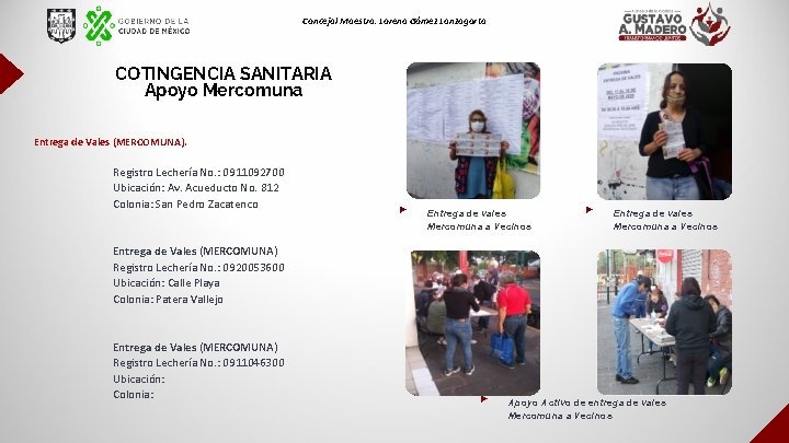 Concejal Maestra. Lorena Gómez Lanzagorta COTINGENCIA SANITARIA Apoyo Mercomuna Entrega de Vales (MERCOMUNA). Registro