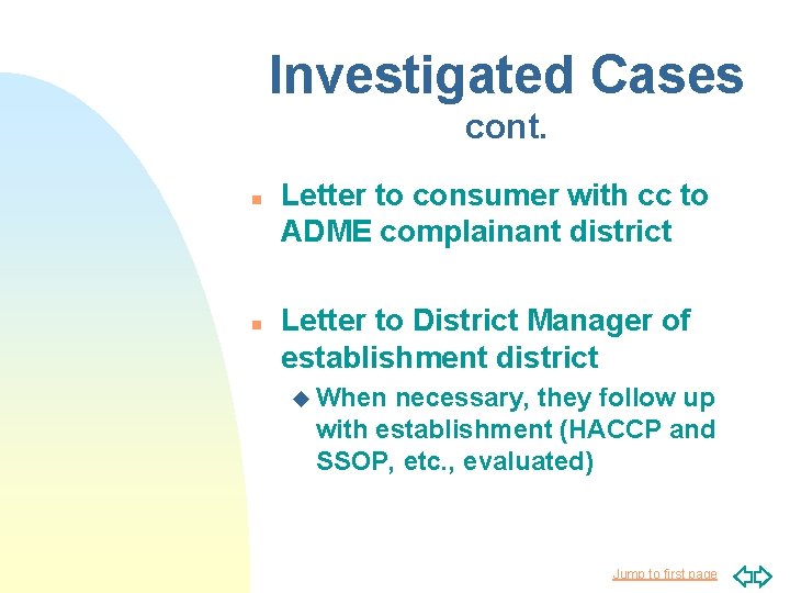 Investigated Cases cont. n n Letter to consumer with cc to ADME complainant district
