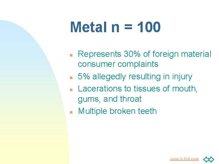 Metal n = 100 n n Represents 30% of foreign material consumer complaints 5%
