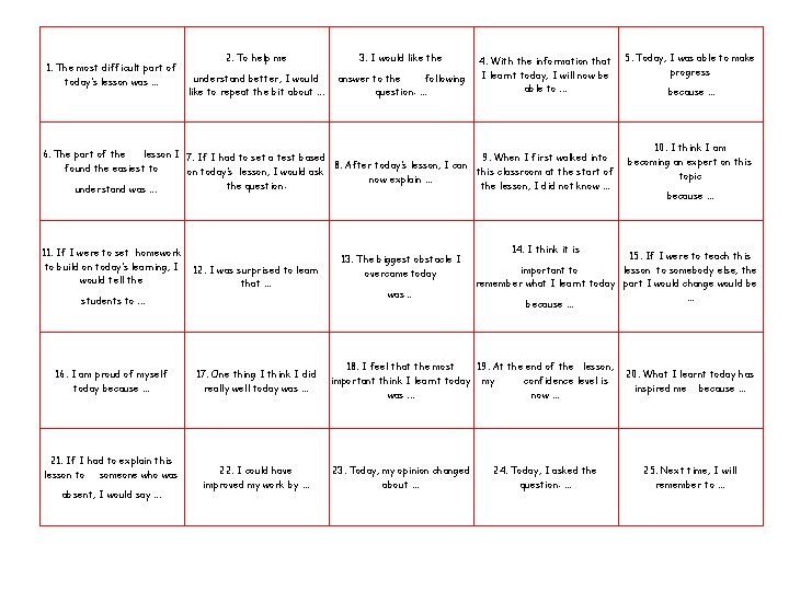 1. The most difficult part of today’s lesson was. . . 2. To help