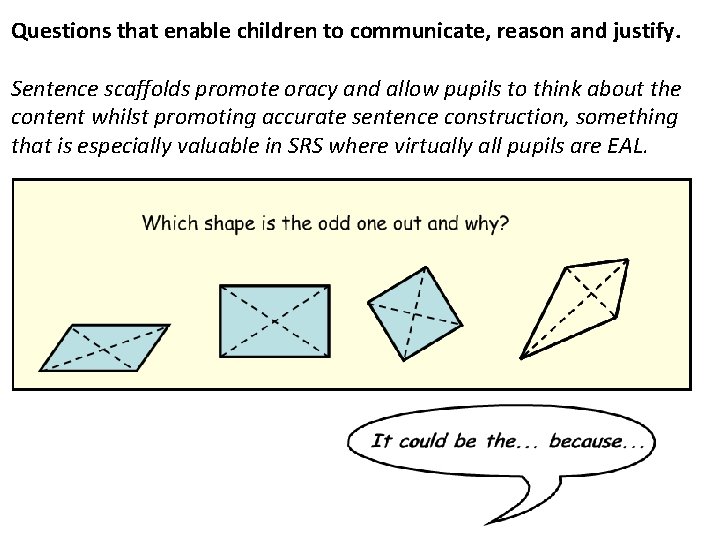 Questions that enable children to communicate, reason and justify. Sentence scaffolds promote oracy and