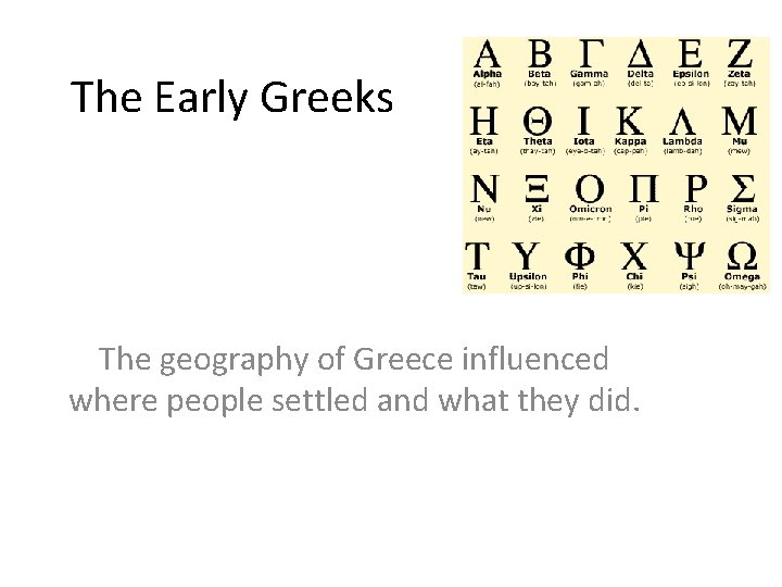 The Early Greeks The geography of Greece influenced where people settled and what they