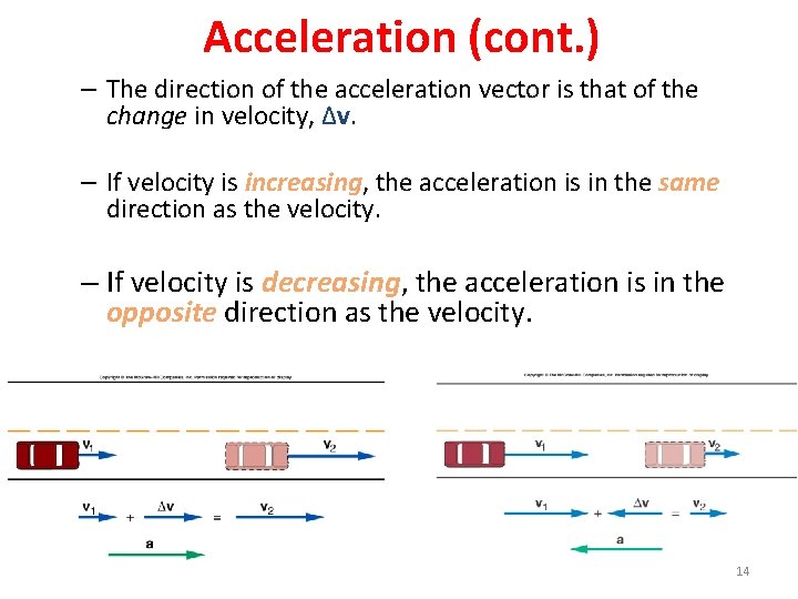 Acceleration (cont. ) – The direction of the acceleration vector is that of the