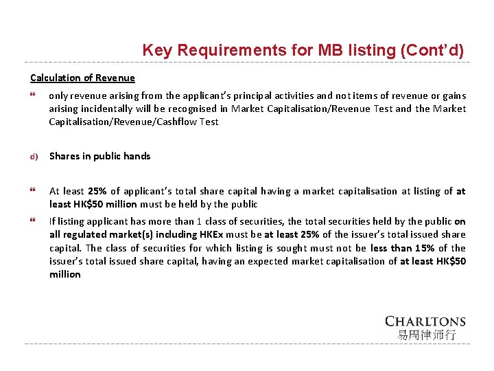 Key Requirements for MB listing (Cont’d) Calculation of Revenue only revenue arising from the