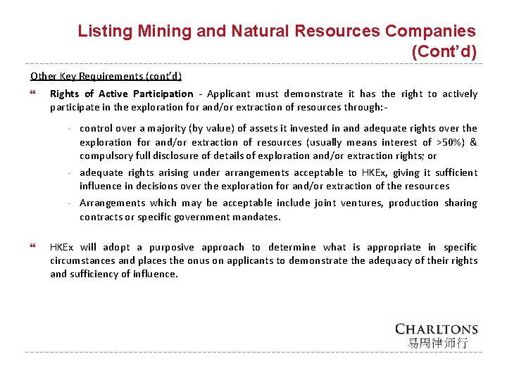 Listing Mining and Natural Resources Companies (Cont’d) Other Key Requirements (cont’d) Rights of Active