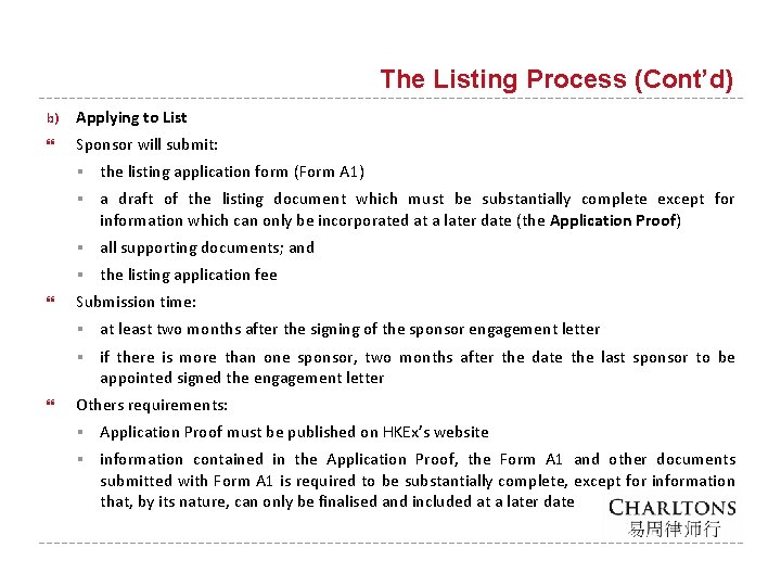 The Listing Process (Cont’d) b) Applying to List Sponsor will submit: § the listing