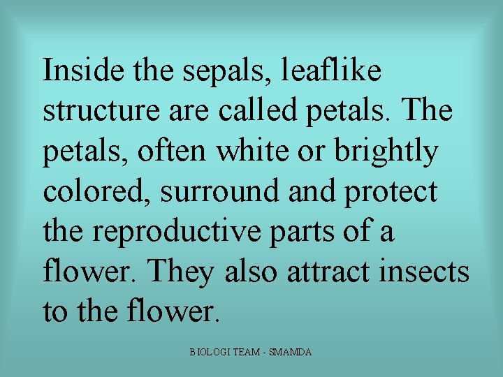 Inside the sepals, leaflike structure are called petals. The petals, often white or brightly Inside the sepals, leaflike structure are called petals. The petals, often white or brightly