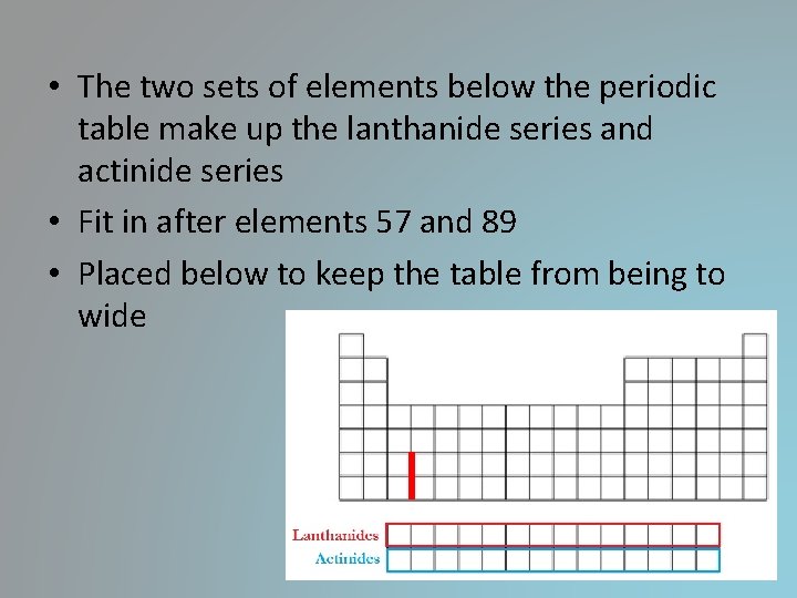 • The two sets of elements below the periodic table make up the • The two sets of elements below the periodic table make up the