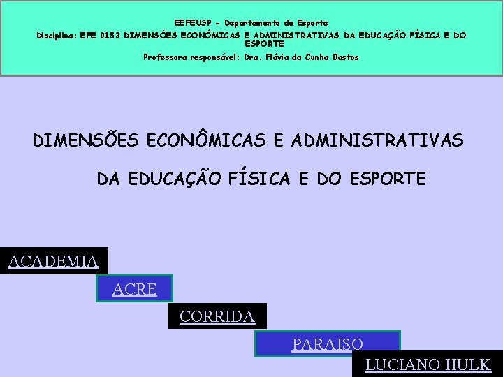 EEFEUSP - Departamento de Esporte Disciplina: EFE 0153 DIMENSÕES ECONÔMICAS E ADMINISTRATIVAS DA EDUCAÇÃO