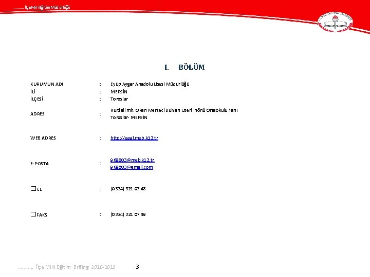 . . . İlçe Mili Eğitim Müdürlüğü I. BÖLÜM KURUMUN ADI İLİ İLÇESİ :