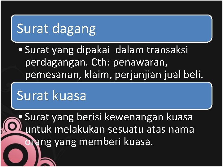 Surat dagang • Surat yang dipakai dalam transaksi perdagangan. Cth: penawaran, pemesanan, klaim, perjanjian