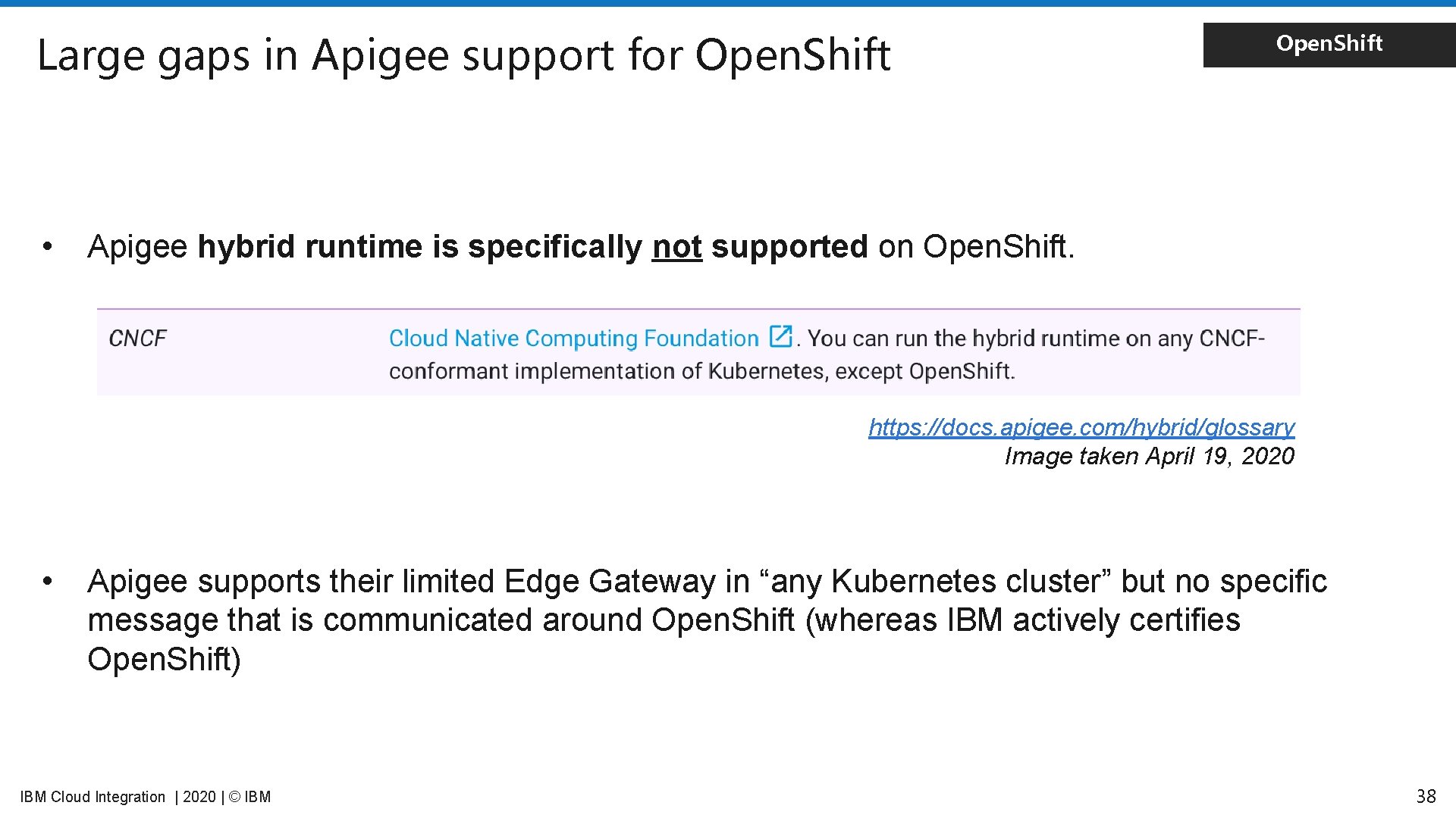 Large gaps in Apigee support for Open. Shift • Open. Shift Apigee hybrid runtime