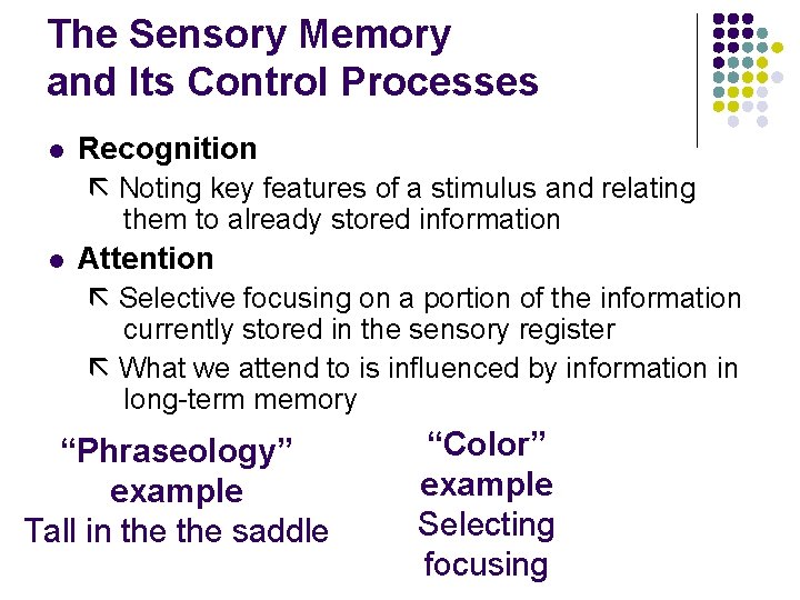 The Sensory Memory and Its Control Processes l Recognition Noting key features of a