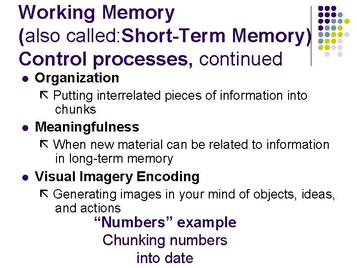 Working Memory (also called: Short-Term Memory) Control processes, continued l Organization Putting interrelated pieces