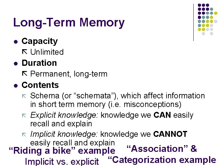 Long-Term Memory l Capacity Unlimited l Duration Permanent, long-term l Contents Schema (or “schemata”),