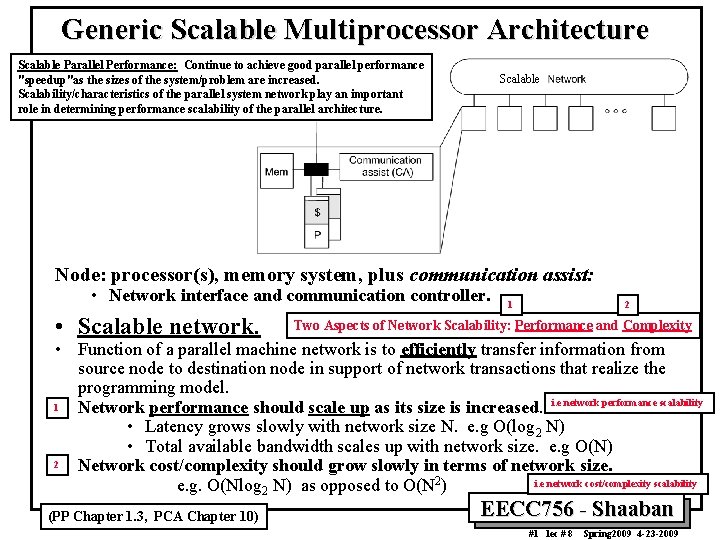 Generic Scalable Multiprocessor Architecture Scalable Parallel Performance: Continue to achieve good parallel performance "speedup"as